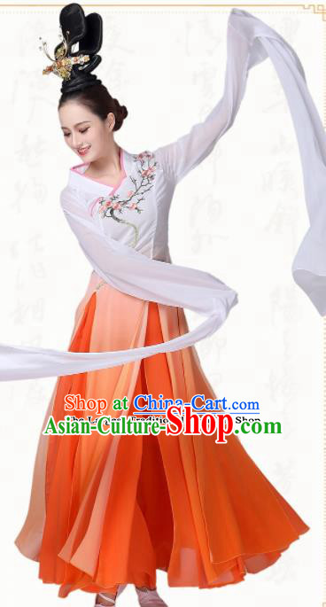 Chinese Traditional Classical Dance Orange Dress Fan Dance Group Dance Costumes for Women