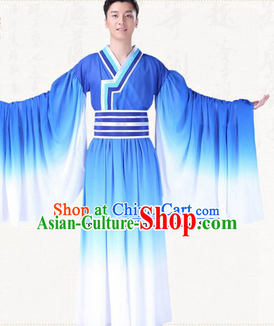 Chinese Traditional Folk Dance Clothing Ancient Classical Dance Blue for Men Chinese Traditional Folk Dance Clothing Ancient Classical Dance Blue for Men