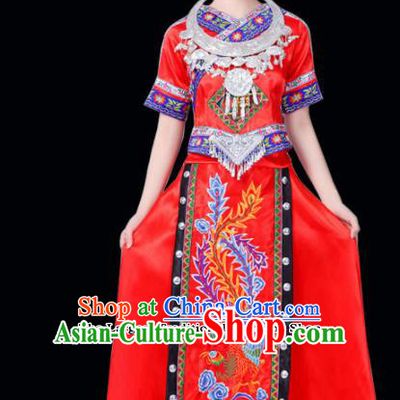 Chinese Ethnic Minority Red Dress Traditional Miao Nationality Folk Dance Costumes for Women