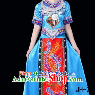 Chinese Ethnic Minority Blue Dress Traditional Miao Nationality Folk Dance Costumes for Women