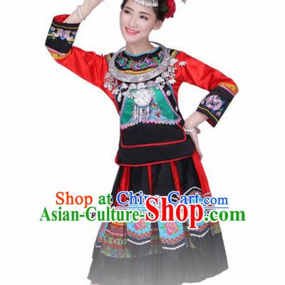 Chinese Ethnic Minority Embroidered Dress Traditional Miao Nationality Folk Dance Costumes for Women