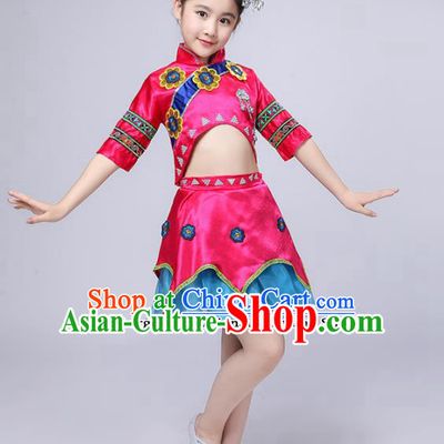 Chinese Traditional Dong Minority Folk Dance Clothing Ethnic Dance Pink Dress for Kids