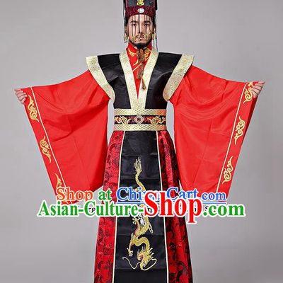 Traditional Chinese Qin Dynasty Drama Costumes Ancient Emperor Imperial Robe and Headwear for Men