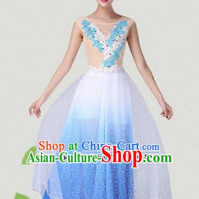 Chinese Traditional Classical Dance Blue Dress Group Dance Costumes for Women