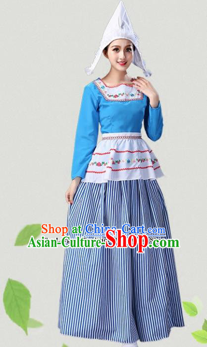 European Traditional Classical Dance Blue Dress Sweden Group Dance Costumes for Women European Traditional Classical Dance Blue Dress Sweden Group Dance Costumes for Women