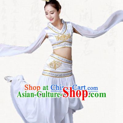 Chinese Traditional Classical Dance White Dress Ancient Peri Goddess Group Dance Costumes for Women