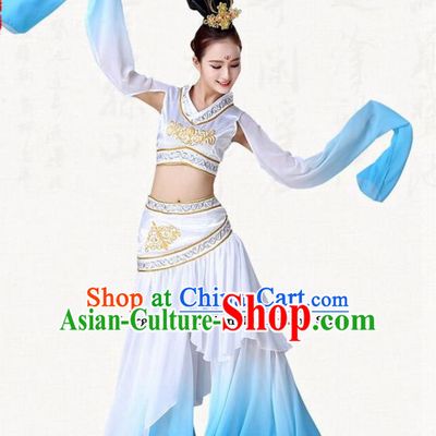 Chinese Traditional Classical Dance Blue Dress Ancient Peri Goddess Group Dance Costumes for Women