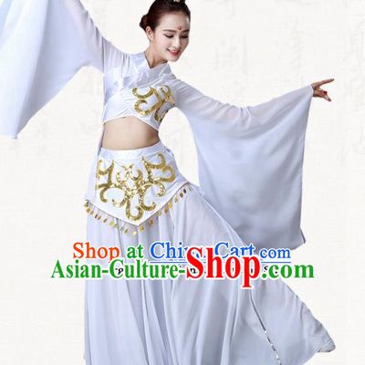 Traditional Chinese Classical Dance Umbrella Dance White Dress Group Dance Costumes for Women