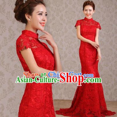 Traditional Chinese Classical Wedding Qipao Dress Bride Red Lace Cheongsam for Women