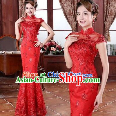Traditional Chinese Classical Wedding Qipao Dress Bride Red Cheongsam for Women