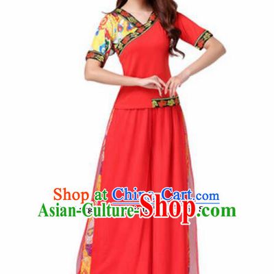 Traditional Chinese Folk Dance Yangko Red Costumes Group Dance Fan Dance Clothing for Women