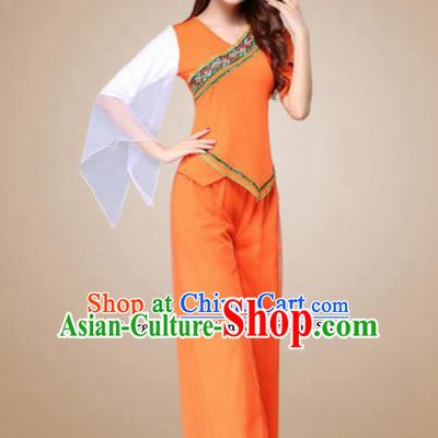 Traditional Chinese Folk Dance Yangko Costumes Fan Dance Group Dance Orange Clothing for Women