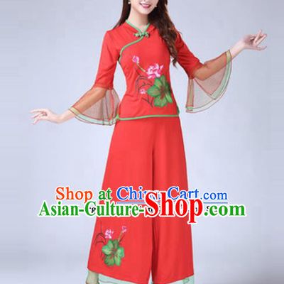 Traditional Chinese Folk Dance Costumes Lotus Dance Yanko Dance Red Dress for Women