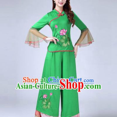 Traditional Chinese Folk Dance Costumes Lotus Dance Yanko Dance Green Dress for Women