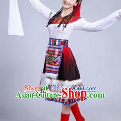 Traditional Chinese Zang Nationality Dance Costume Tibetan Ethnic Dress for Women