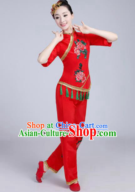 Traditional Chinese Folk Dance Fan Dance Red Costumes Yanko Dance Clothing for Women Traditional Chinese Folk Dance Fan Dance Red Costumes Yanko Dance Clothing for Women