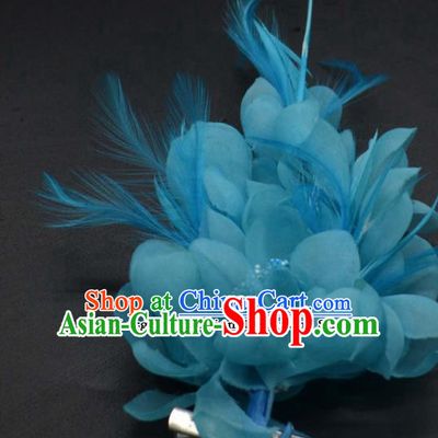 Traditional Chinese Peking Opera Diva Hair Accessories Ancient Princess Blue Feather Hair Stick Headwear for Women