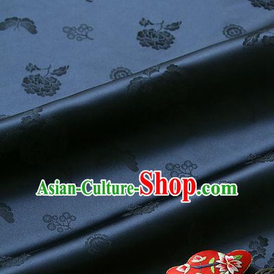 Traditional Asian Classical Peony Butterfly Pattern Navy Brocade Cloth Drapery Korean Hanbok Palace Satin Silk Fabric