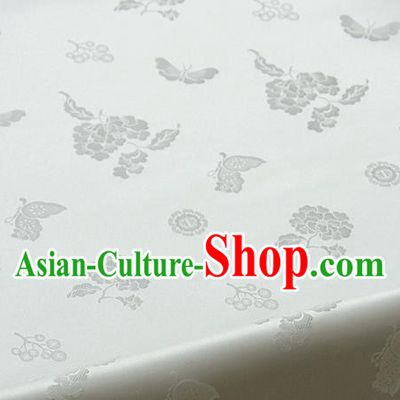 Traditional Asian Classical Peony Butterfly Pattern White Brocade Cloth Drapery Korean Hanbok Palace Satin Silk Fabric
