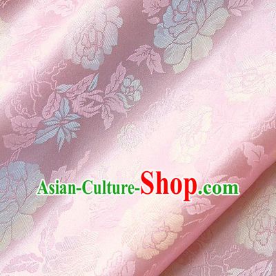 Traditional Asian Classical Peony Pattern Pink Brocade Cloth Drapery Korean Hanbok Palace Satin Silk Fabric