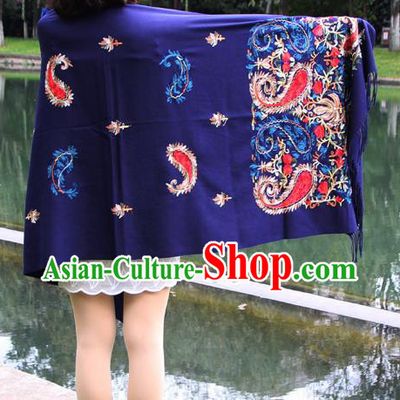 Chinese Traditional Embroidered Scarf Yunnan National Blue Wool Cloak for Women