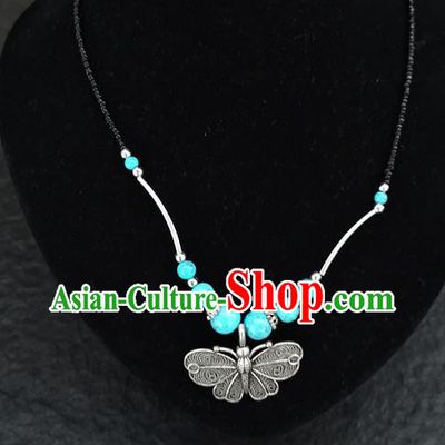 Chinese Traditional Jewelry Accessories Yunnan National Butterfly Pendant Blue Beads Necklace for Women