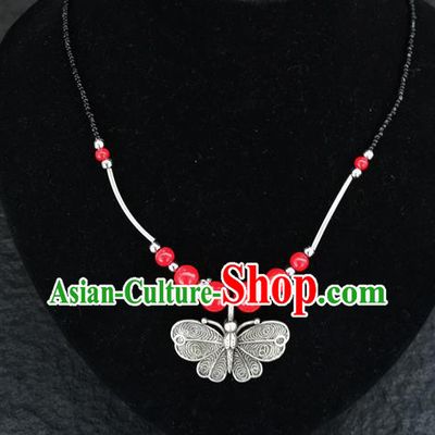 Chinese Traditional Jewelry Accessories Yunnan National Butterfly Pendant Red Beads Necklace for Women