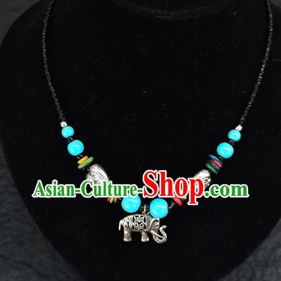 Chinese Traditional Jewelry Accessories Yunnan National Blue Beads Elephant Minority Necklace for Women