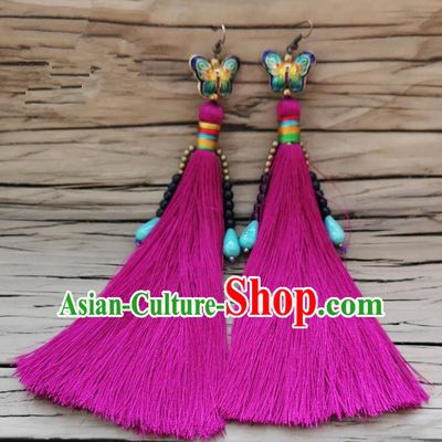 Chinese Traditional Embroidered Butterfly Earrings Yunnan National Rosy Tassel Eardrop for Women