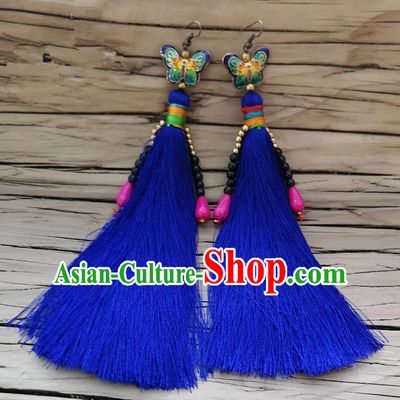 Chinese Traditional Embroidered Butterfly Earrings Yunnan National Royalblue Tassel Eardrop for Women