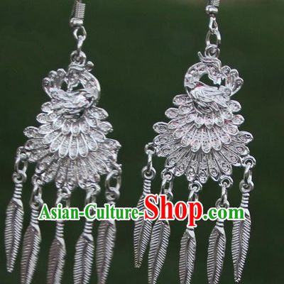 Chinese Traditional Peacock Tassel Earrings Yunnan National Minority Eardrop for Women