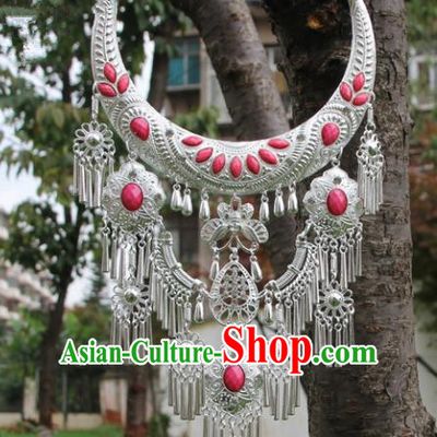 Chinese Traditional Jewelry Accessories Yunnan Miao Minority Sliver Pink Necklace for Women