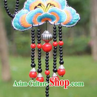 Chinese Traditional Jewelry Accessories Yunnan Minority Embroidered Light Blue Butterfly Tassel Necklace for Women