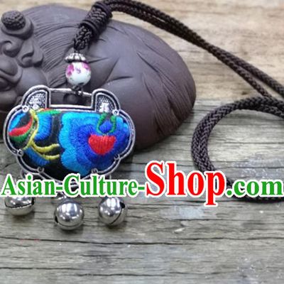 Chinese Traditional Accessories Yunnan Minority Necklace Embroidered Blue Flowers Longevity Lock for Women
