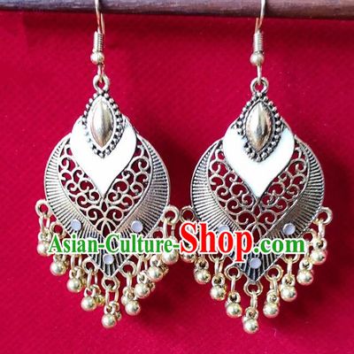 Chinese Traditional Bells Tassel Earrings Yunnan National Minority White Inlay Ear Accessories for Women