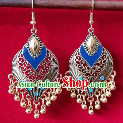 Chinese Traditional Bells Tassel Earrings Yunnan National Minority Inlay Ear Accessories for Women