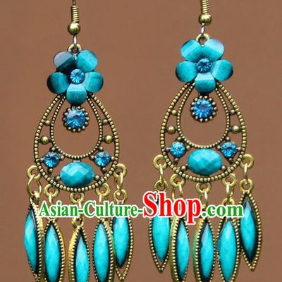 Chinese Traditional Blue Flower Earrings Yunnan National Minority Ear Accessories for Women