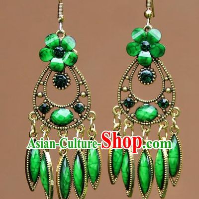 Chinese Traditional Green Flower Earrings Yunnan National Minority Ear Accessories for Women
