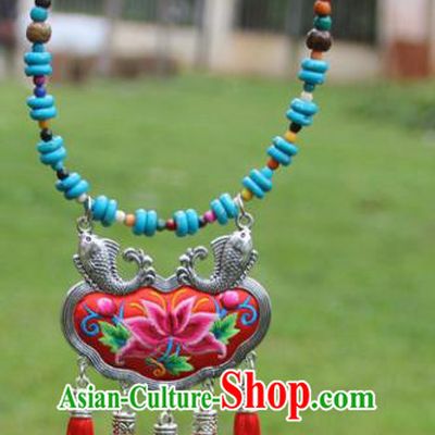 Chinese Traditional Accessories Yunnan Minority Red Tassel Embroidered Necklace for Women