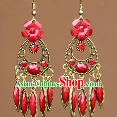 Chinese Traditional Red Flower Earrings Yunnan National Minority Ear Accessories for Women