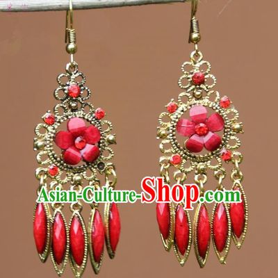 Chinese Traditional Red Flower Tassel Earrings Yunnan National Minority Ear Accessories for Women