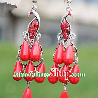 Chinese Traditional Red Peacock Tassel Earrings Yunnan National Minority Ear Accessories for Women