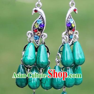 Chinese Traditional Green Peacock Tassel Earrings Yunnan National Minority Ear Accessories for Women