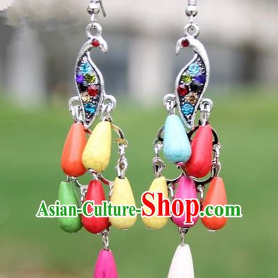 Chinese Traditional Colorful Peacock Tassel Earrings Yunnan National Minority Ear Accessories for Women