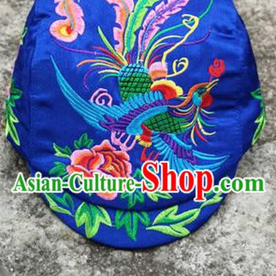Chinese Traditional Embroidered Phoenix Peony Yunnan Dai Minority Royalblue Cap for Women