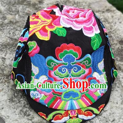 Chinese Traditional Embroidered Yunnan Dai Minority Black Cap for Women