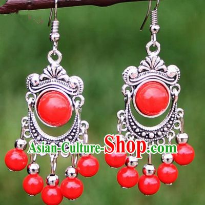 Chinese Traditional Red Beads Tassel Earrings Yunnan National Minority Ear Accessories for Women