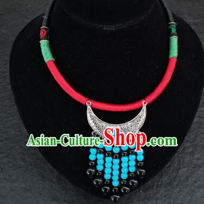 Chinese Traditional Accessories Yunnan Minority Blue Beads Tassel Necklace for Women