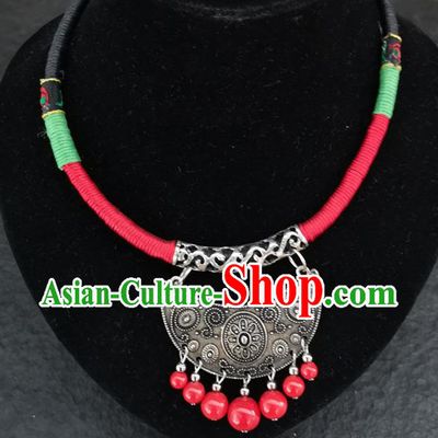 Chinese Traditional Accessories Yunnan Minority Red Beads Tassel Carving Sliver Necklace for Women
