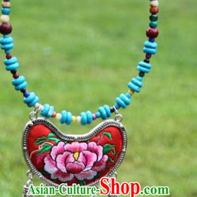 Chinese Traditional Accessories Yunnan Minority Embroidered Peony Red Necklace for Women